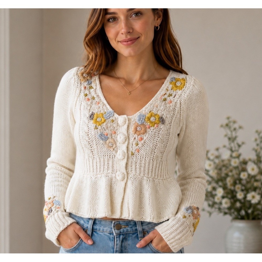 Anthropologie Knitted Knotted Embroidered Beaded Floral S Cropped Cardigan Wool